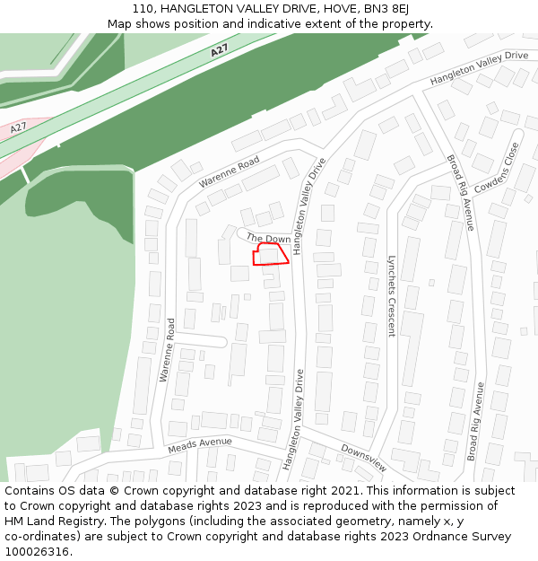 110, HANGLETON VALLEY DRIVE, HOVE, BN3 8EJ: Location map and indicative extent of plot