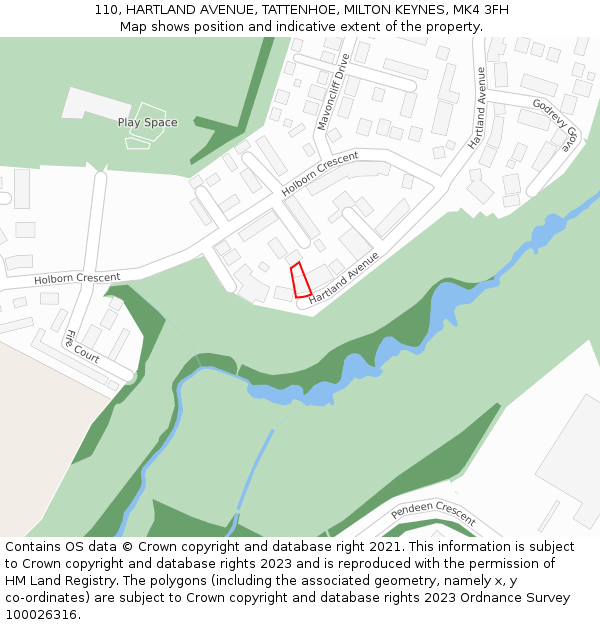 110, HARTLAND AVENUE, TATTENHOE, MILTON KEYNES, MK4 3FH: Location map and indicative extent of plot