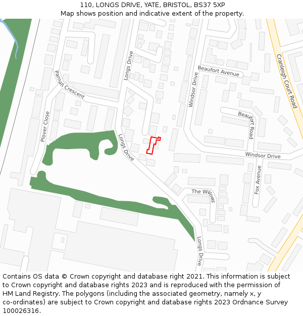 110, LONGS DRIVE, YATE, BRISTOL, BS37 5XP: Location map and indicative extent of plot