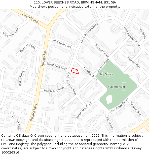 110, LOWER BEECHES ROAD, BIRMINGHAM, B31 5JA: Location map and indicative extent of plot
