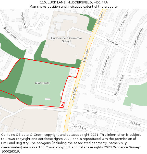 110, LUCK LANE, HUDDERSFIELD, HD1 4RA: Location map and indicative extent of plot