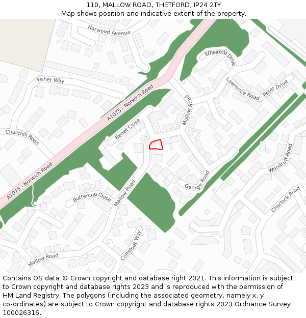 110, MALLOW ROAD, THETFORD, IP24 2TY: Location map and indicative extent of plot