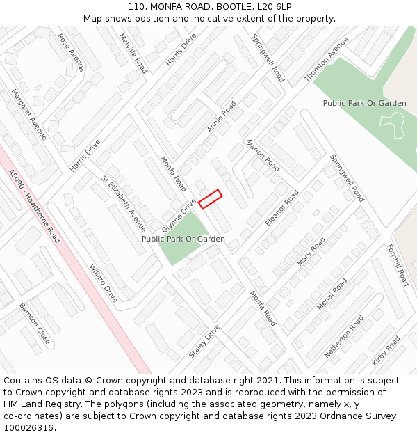 110, MONFA ROAD, BOOTLE, L20 6LP: Location map and indicative extent of plot