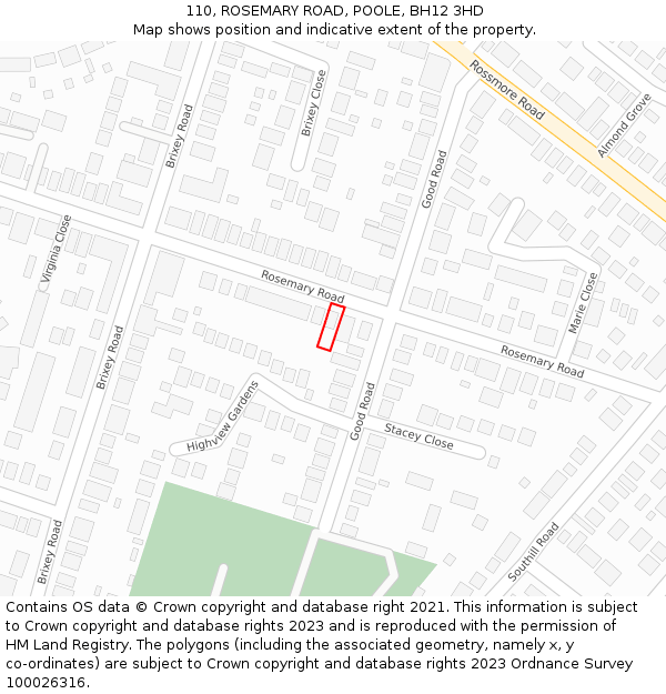 110, ROSEMARY ROAD, POOLE, BH12 3HD: Location map and indicative extent of plot