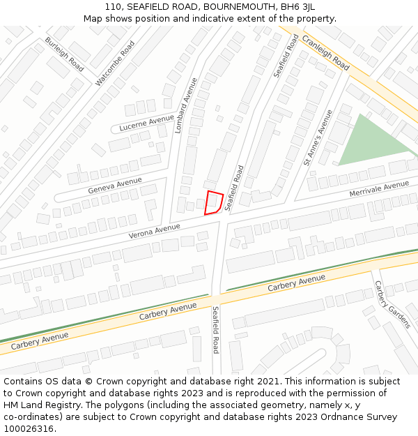 110, SEAFIELD ROAD, BOURNEMOUTH, BH6 3JL: Location map and indicative extent of plot