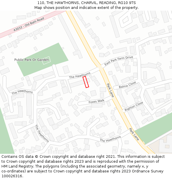 110, THE HAWTHORNS, CHARVIL, READING, RG10 9TS: Location map and indicative extent of plot