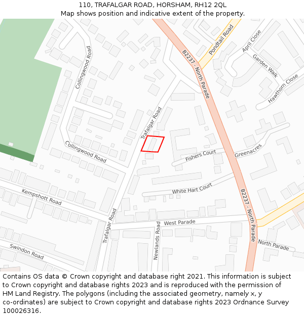 110, TRAFALGAR ROAD, HORSHAM, RH12 2QL: Location map and indicative extent of plot