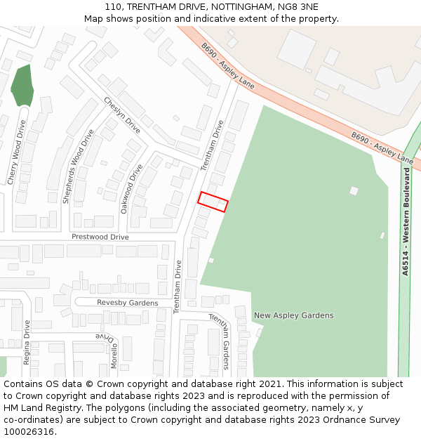 110, TRENTHAM DRIVE, NOTTINGHAM, NG8 3NE: Location map and indicative extent of plot