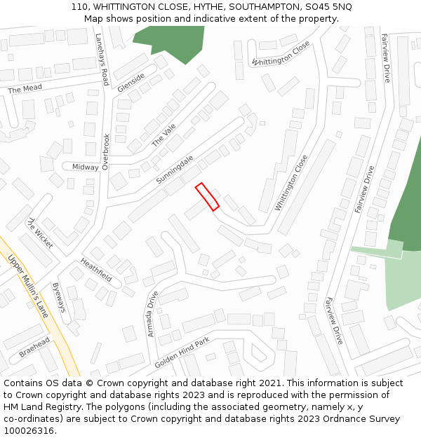 110, WHITTINGTON CLOSE, HYTHE, SOUTHAMPTON, SO45 5NQ: Location map and indicative extent of plot