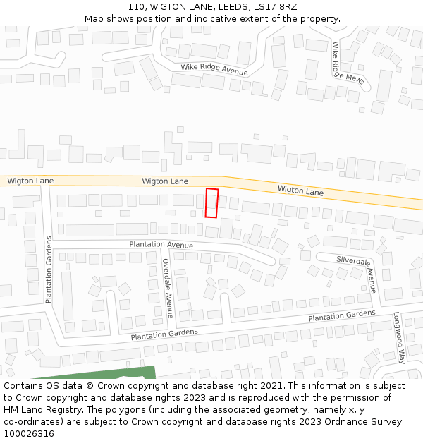 110, WIGTON LANE, LEEDS, LS17 8RZ: Location map and indicative extent of plot