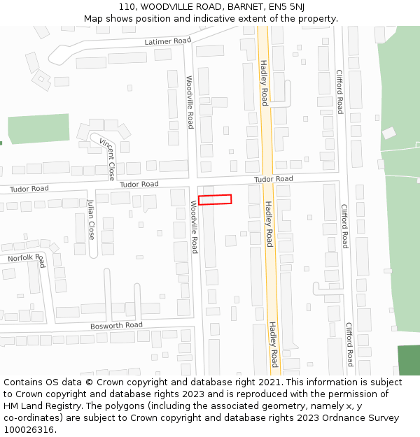 110, WOODVILLE ROAD, BARNET, EN5 5NJ: Location map and indicative extent of plot