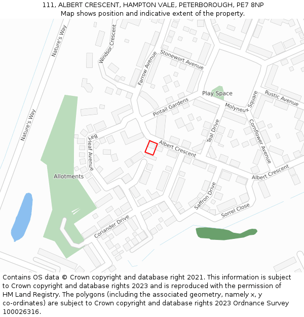 111, ALBERT CRESCENT, HAMPTON VALE, PETERBOROUGH, PE7 8NP: Location map and indicative extent of plot
