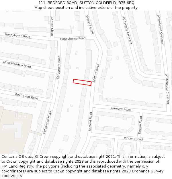 111, BEDFORD ROAD, SUTTON COLDFIELD, B75 6BQ: Location map and indicative extent of plot