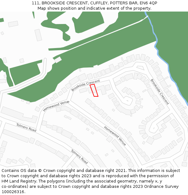 111, BROOKSIDE CRESCENT, CUFFLEY, POTTERS BAR, EN6 4QP: Location map and indicative extent of plot