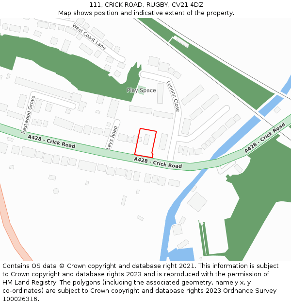 111, CRICK ROAD, RUGBY, CV21 4DZ: Location map and indicative extent of plot