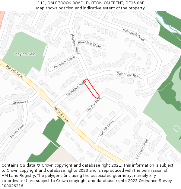 111, DALEBROOK ROAD, BURTON-ON-TRENT, DE15 0AE: Location map and indicative extent of plot