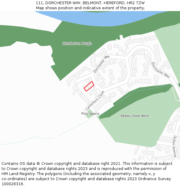 111, DORCHESTER WAY, BELMONT, HEREFORD, HR2 7ZW: Location map and indicative extent of plot