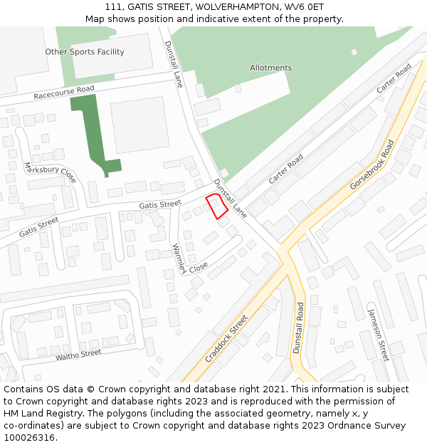 111, GATIS STREET, WOLVERHAMPTON, WV6 0ET: Location map and indicative extent of plot