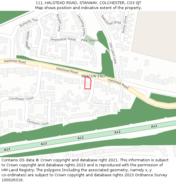 111, HALSTEAD ROAD, STANWAY, COLCHESTER, CO3 0JT: Location map and indicative extent of plot