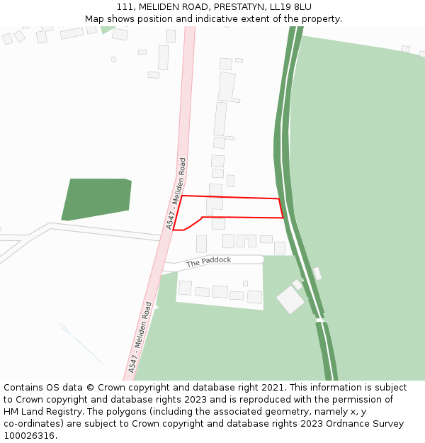 111, MELIDEN ROAD, PRESTATYN, LL19 8LU: Location map and indicative extent of plot