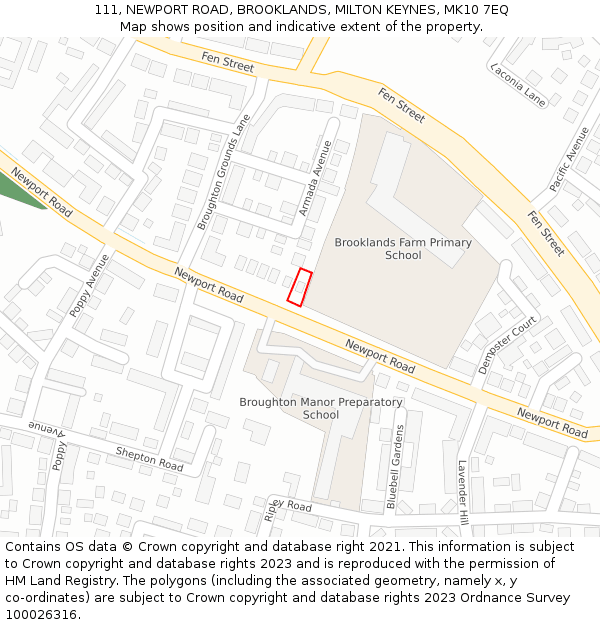 111, NEWPORT ROAD, BROOKLANDS, MILTON KEYNES, MK10 7EQ: Location map and indicative extent of plot
