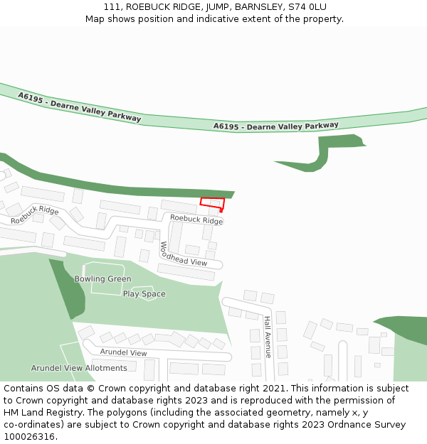 111, ROEBUCK RIDGE, JUMP, BARNSLEY, S74 0LU: Location map and indicative extent of plot