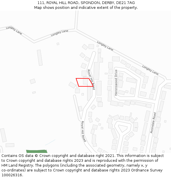 111, ROYAL HILL ROAD, SPONDON, DERBY, DE21 7AG: Location map and indicative extent of plot