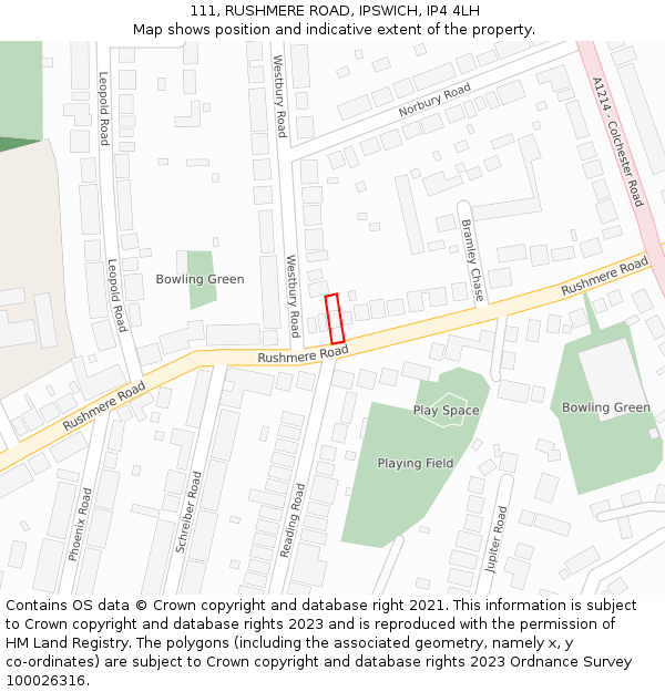 111, RUSHMERE ROAD, IPSWICH, IP4 4LH: Location map and indicative extent of plot