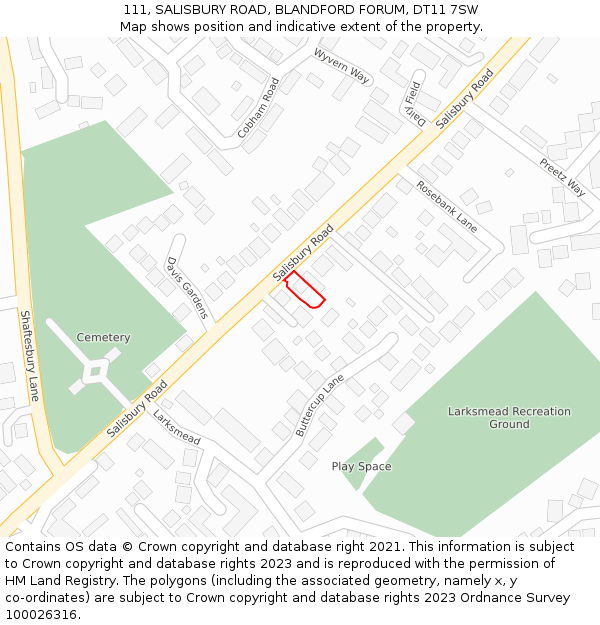 111, SALISBURY ROAD, BLANDFORD FORUM, DT11 7SW: Location map and indicative extent of plot