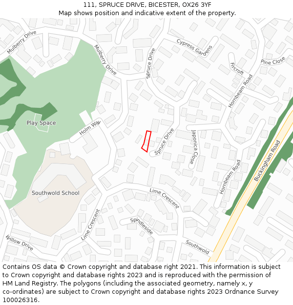 111, SPRUCE DRIVE, BICESTER, OX26 3YF: Location map and indicative extent of plot