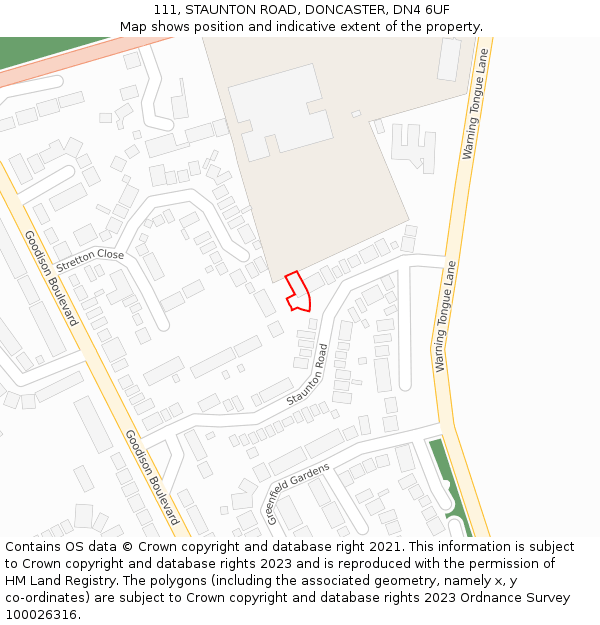 111, STAUNTON ROAD, DONCASTER, DN4 6UF: Location map and indicative extent of plot