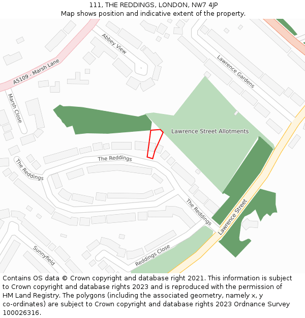 111, THE REDDINGS, LONDON, NW7 4JP: Location map and indicative extent of plot