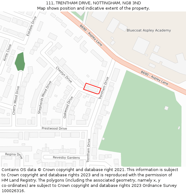 111, TRENTHAM DRIVE, NOTTINGHAM, NG8 3ND: Location map and indicative extent of plot