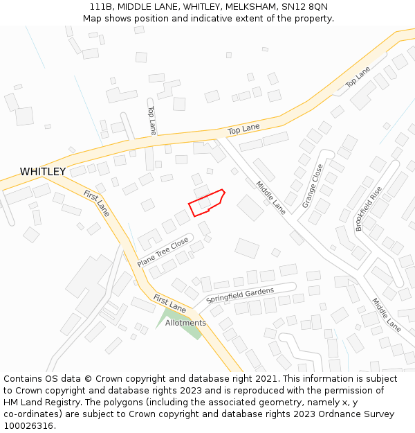 111B, MIDDLE LANE, WHITLEY, MELKSHAM, SN12 8QN: Location map and indicative extent of plot