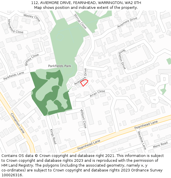 112, AVIEMORE DRIVE, FEARNHEAD, WARRINGTON, WA2 0TH: Location map and indicative extent of plot