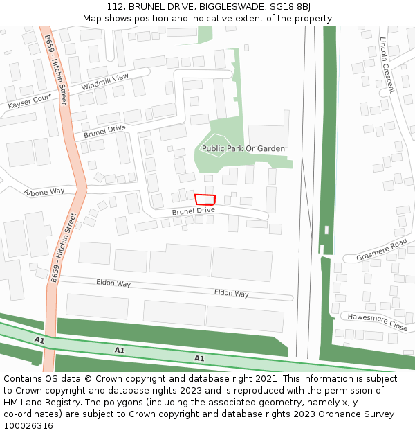 112, BRUNEL DRIVE, BIGGLESWADE, SG18 8BJ: Location map and indicative extent of plot