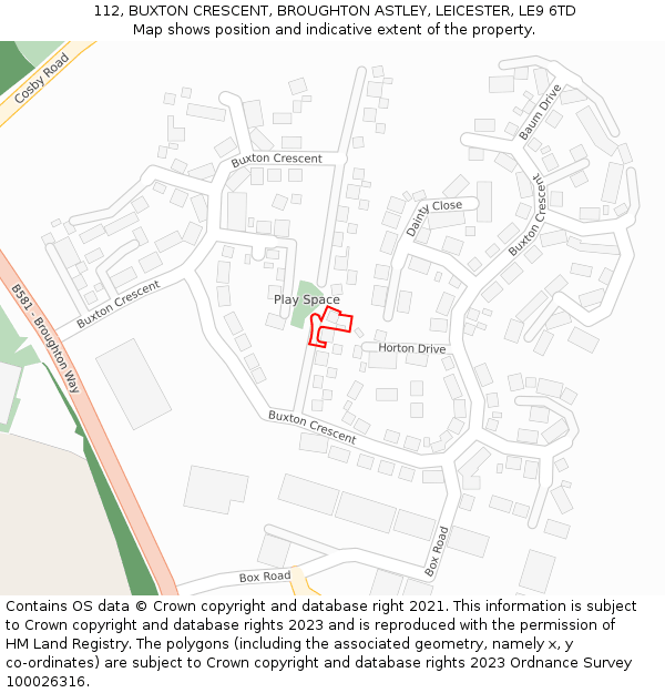 112, BUXTON CRESCENT, BROUGHTON ASTLEY, LEICESTER, LE9 6TD: Location map and indicative extent of plot