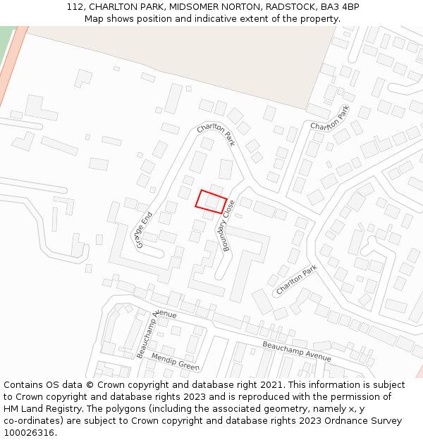 112, CHARLTON PARK, MIDSOMER NORTON, RADSTOCK, BA3 4BP: Location map and indicative extent of plot