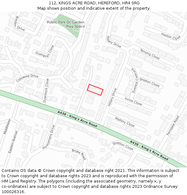 112, KINGS ACRE ROAD, HEREFORD, HR4 0RG: Location map and indicative extent of plot