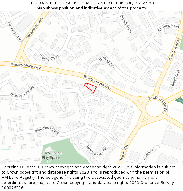 112, OAKTREE CRESCENT, BRADLEY STOKE, BRISTOL, BS32 9AB: Location map and indicative extent of plot