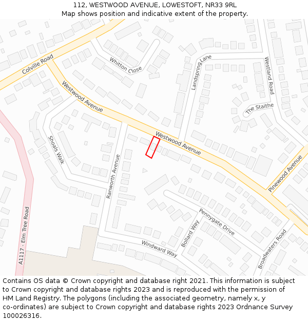 112, WESTWOOD AVENUE, LOWESTOFT, NR33 9RL: Location map and indicative extent of plot