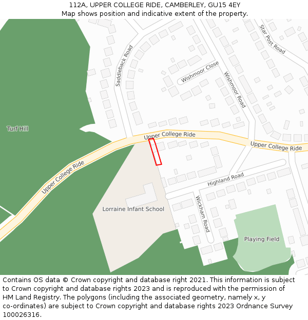 112A, UPPER COLLEGE RIDE, CAMBERLEY, GU15 4EY: Location map and indicative extent of plot