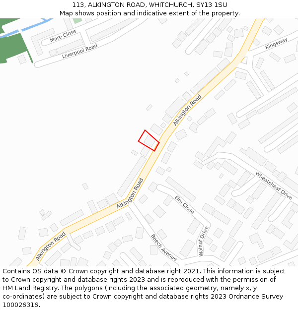 113, ALKINGTON ROAD, WHITCHURCH, SY13 1SU: Location map and indicative extent of plot