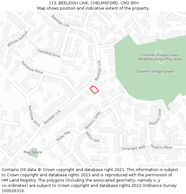 113, BEELEIGH LINK, CHELMSFORD, CM2 6PH: Location map and indicative extent of plot