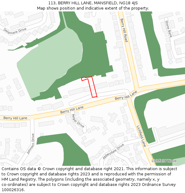 113, BERRY HILL LANE, MANSFIELD, NG18 4JS: Location map and indicative extent of plot
