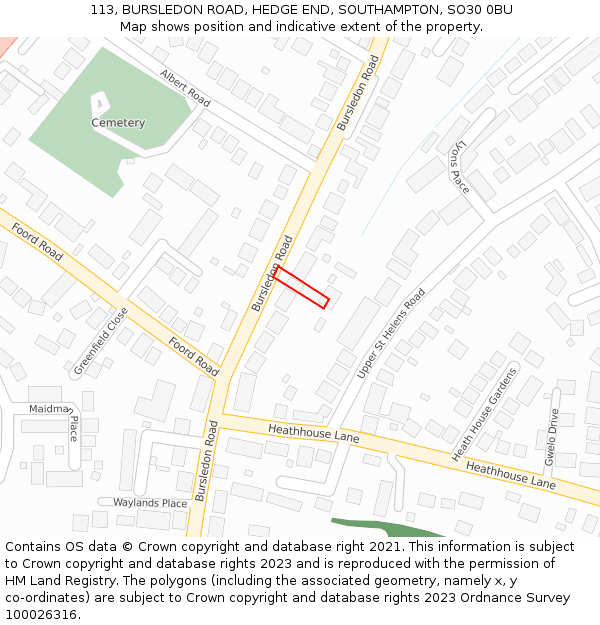 113, BURSLEDON ROAD, HEDGE END, SOUTHAMPTON, SO30 0BU: Location map and indicative extent of plot
