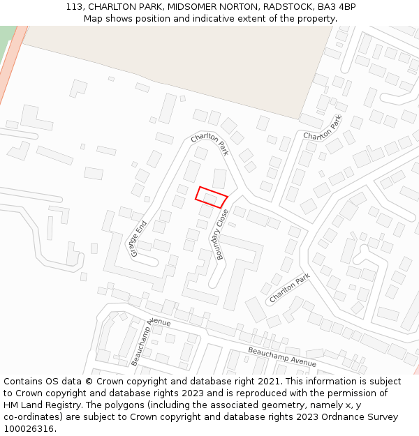 113, CHARLTON PARK, MIDSOMER NORTON, RADSTOCK, BA3 4BP: Location map and indicative extent of plot