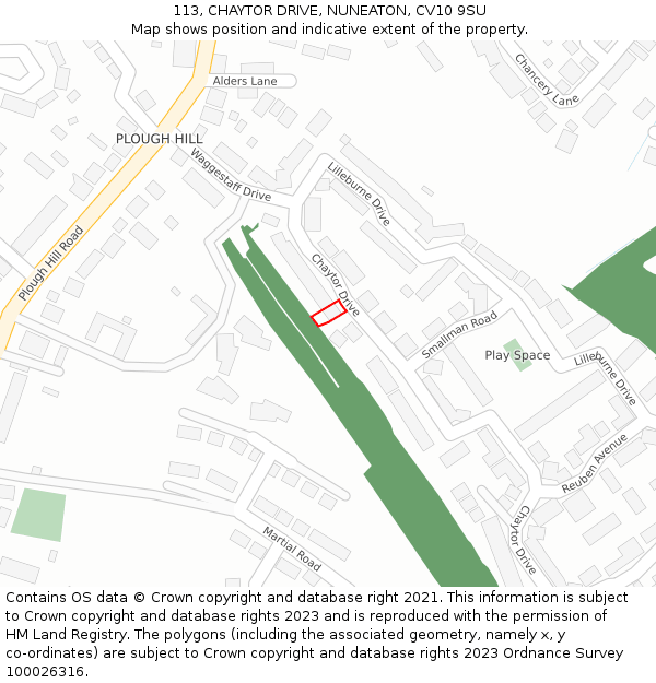 113, CHAYTOR DRIVE, NUNEATON, CV10 9SU: Location map and indicative extent of plot