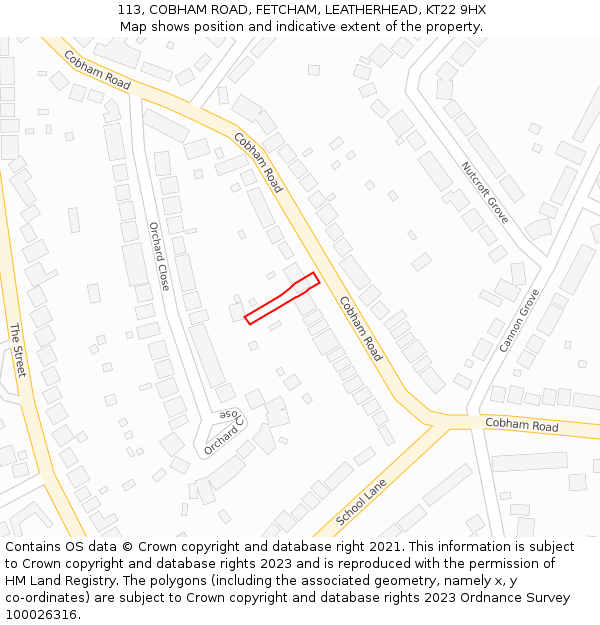 113, COBHAM ROAD, FETCHAM, LEATHERHEAD, KT22 9HX: Location map and indicative extent of plot