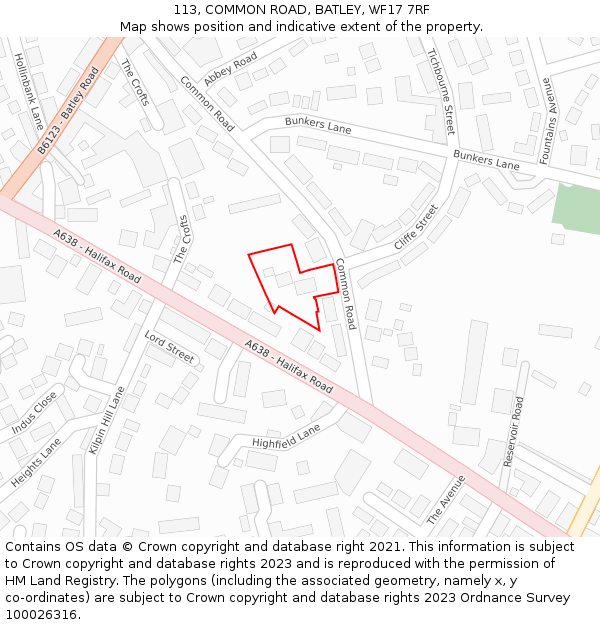 113, COMMON ROAD, BATLEY, WF17 7RF: Location map and indicative extent of plot